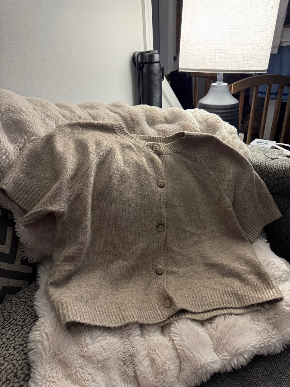 Universal Thread Short-Sleeve Button Cardigan — Light Beige